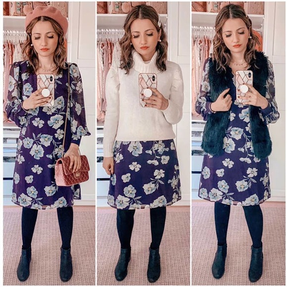 CAbi 4018 Dress Small Purple Floral Ellery Long Sleeve Mini V-Neck - Picture 1 of 14